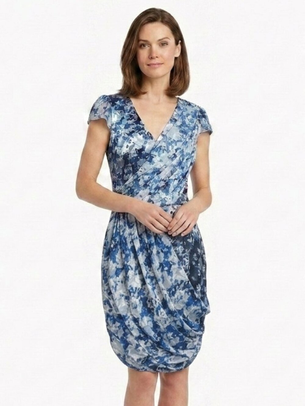 Guess Satin & Chiffon Watercolour Print Drape Front Dress NEW- Sz. Sm